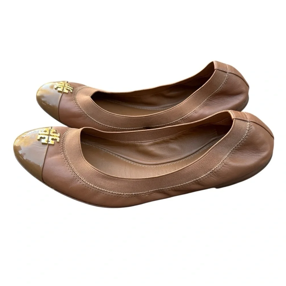 Tory Burch Jolie Cap-Toe brown Leather Ballet Flats shoes size 8.5